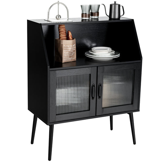 Wooden Storage Cabinet with Open Cubby and 2 Glass Doors