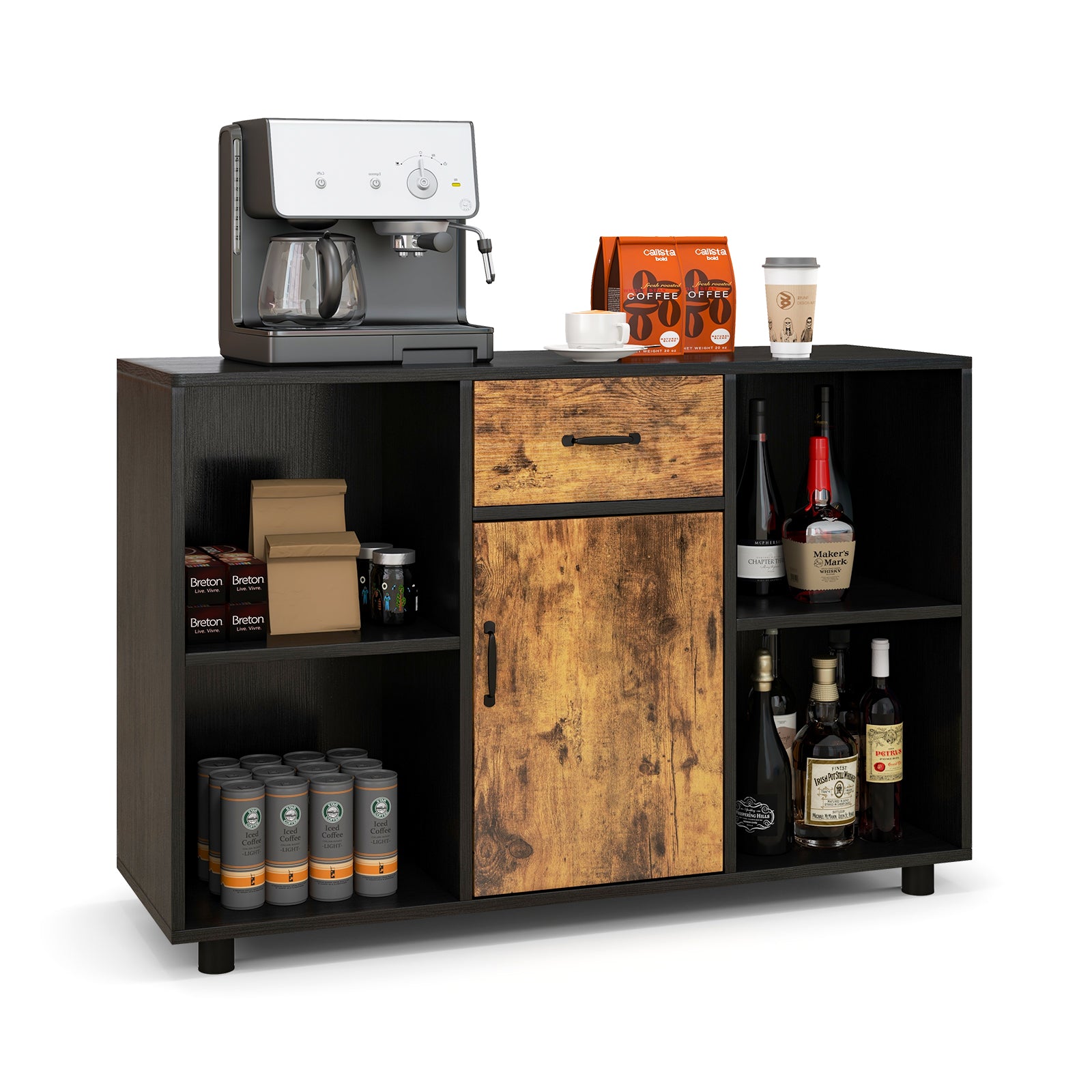 Industrial Buffet Sideboard with Door Drawer and 4 Open Cubbies-Brown