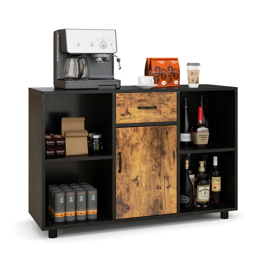 Industrial Buffet Sideboard with Door Drawer and 4 Open Cubbies-Brown