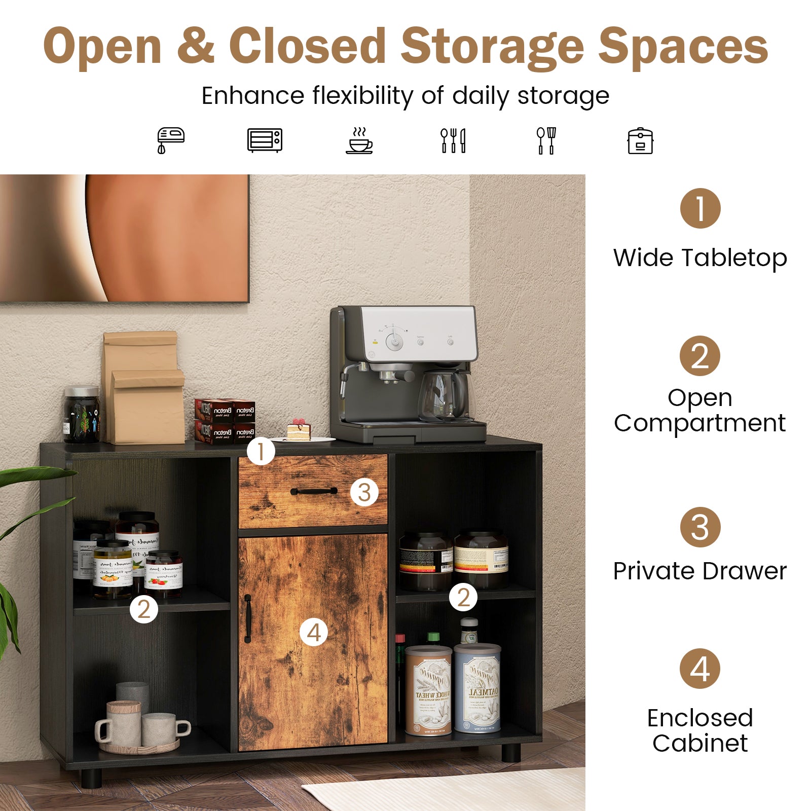 Industrial Buffet Sideboard with Door Drawer and 4 Open Cubbies-Brown