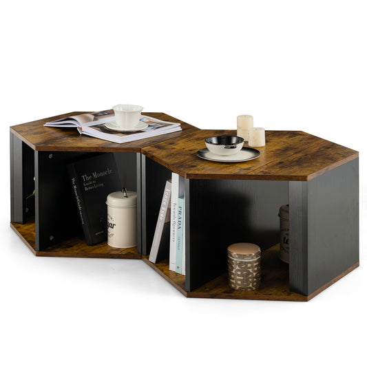 2 Pieces Stackable Tea Table with Open Storage Space and Storage Shelf