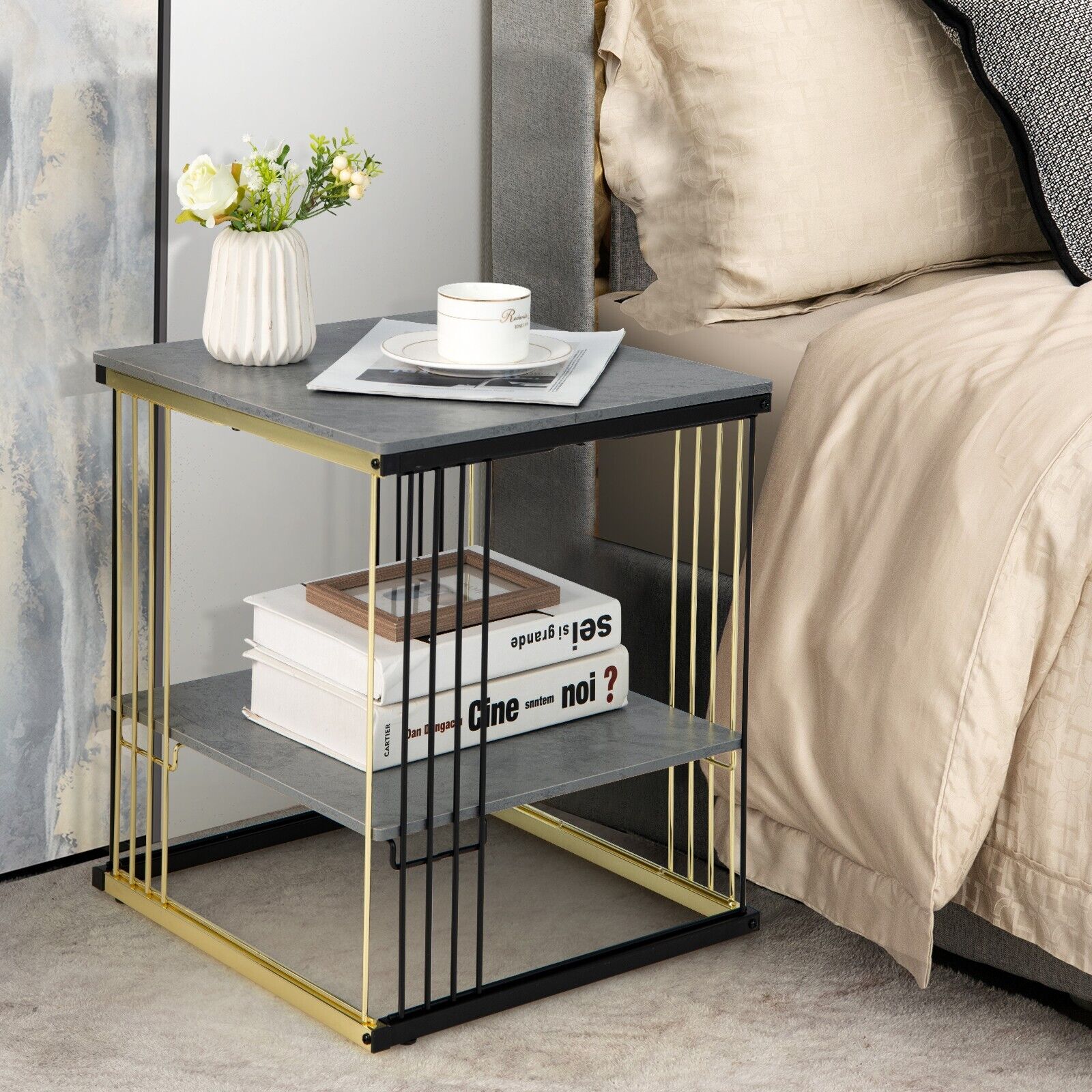 2-Tier Square Side End Table with Storage Shelf