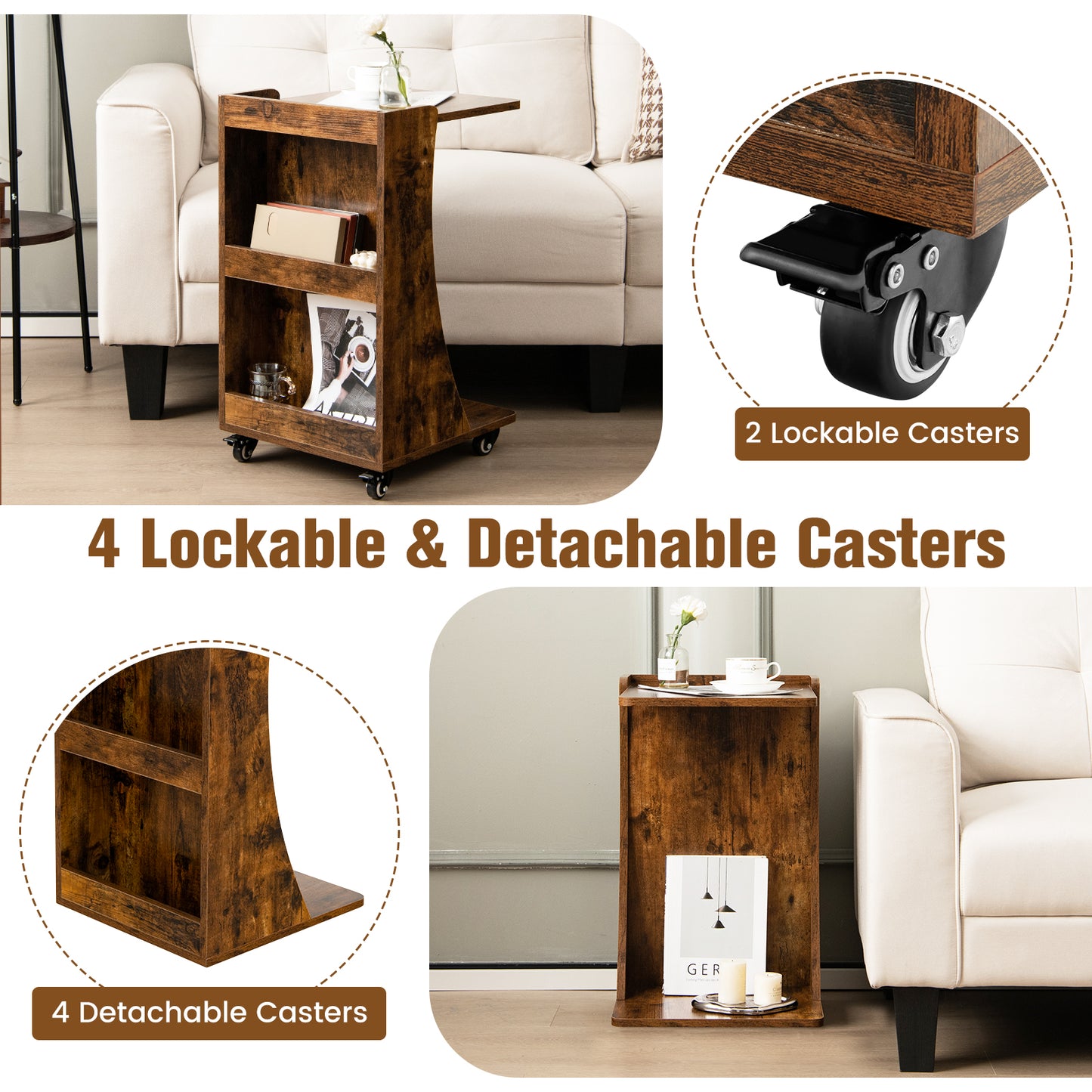 C-Shaped Side Table with Storage Shelf for Bedroom and Living Room-Natural