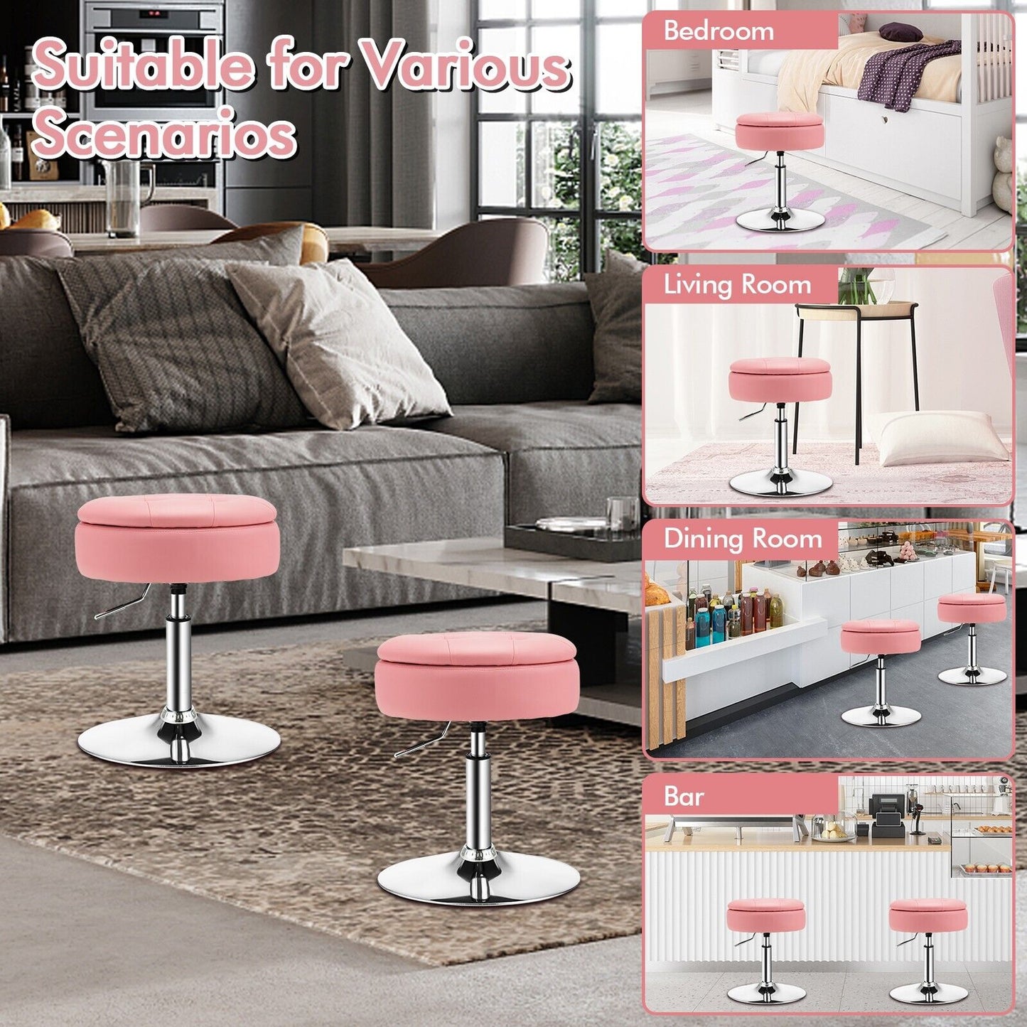 360° Swivel Vanity Stool with Removable Tray Lid-Pink