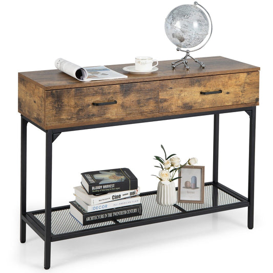 Industrial Console Table with 2 Drawers and Open Storage Shelf-Rustic Brown
