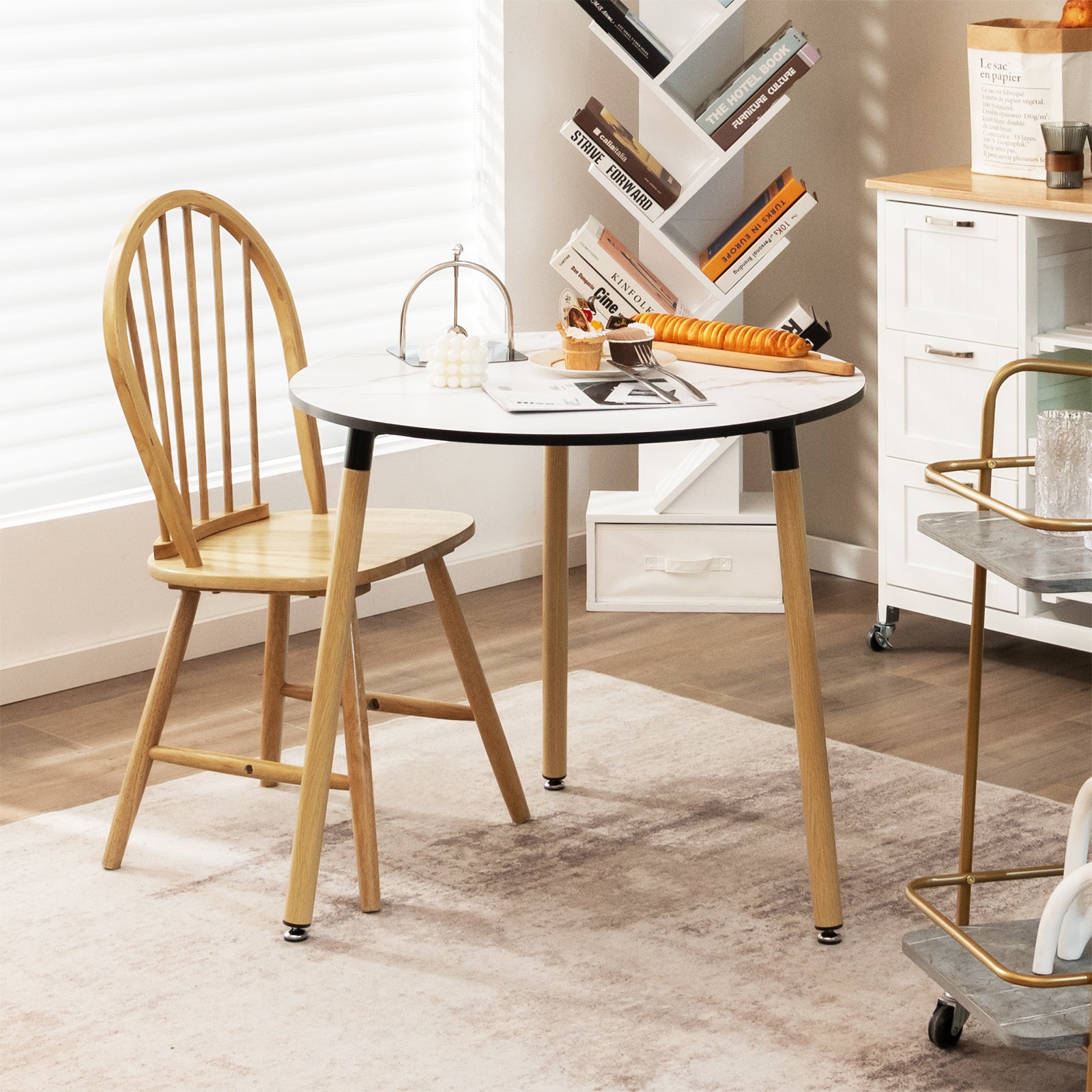 Modern Round Side Table with Faux Marble Pattern Tabletop and Anti-rust Steel Legs-White
