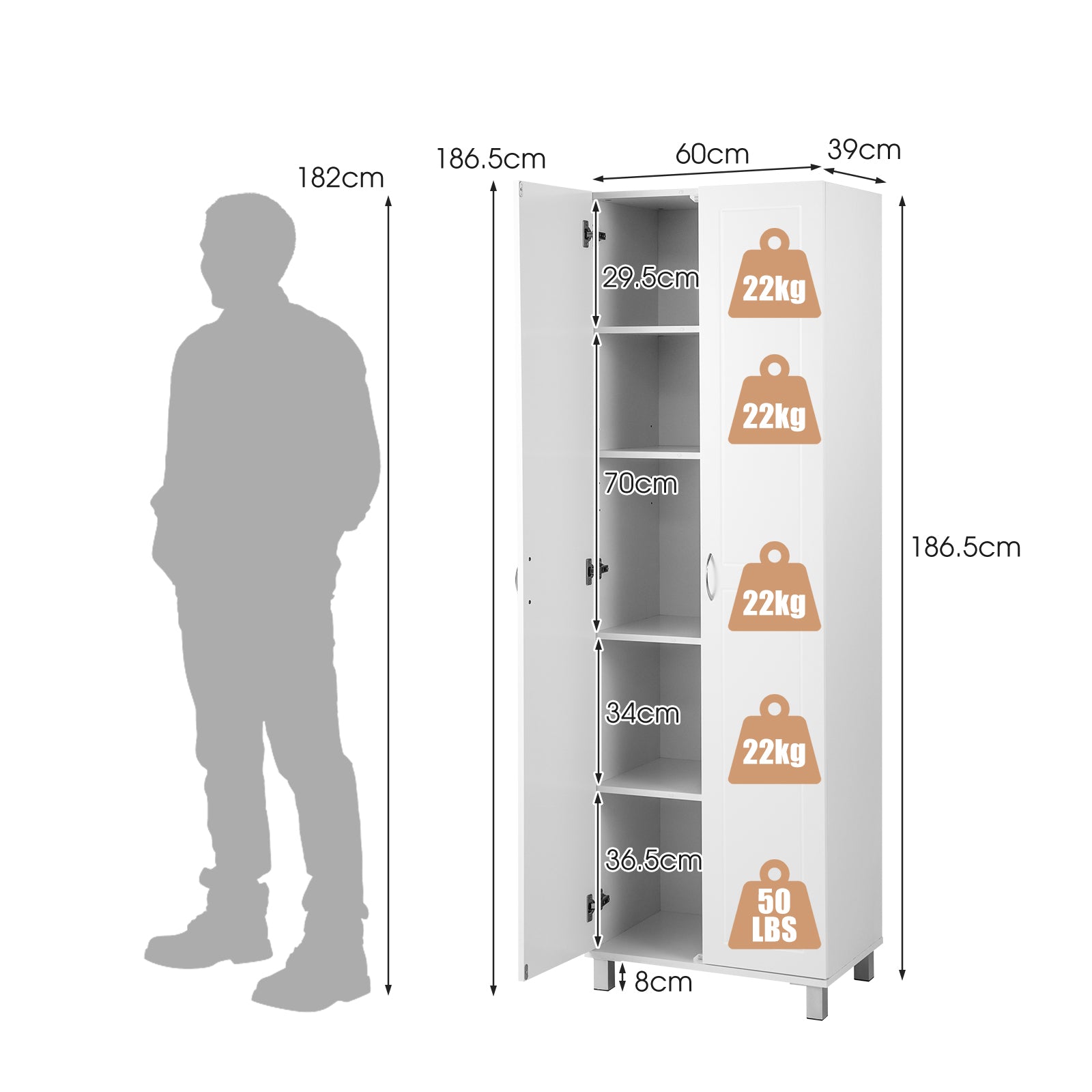 187cm Tall Kitchen Cupboard with Adjustable Shelves-White