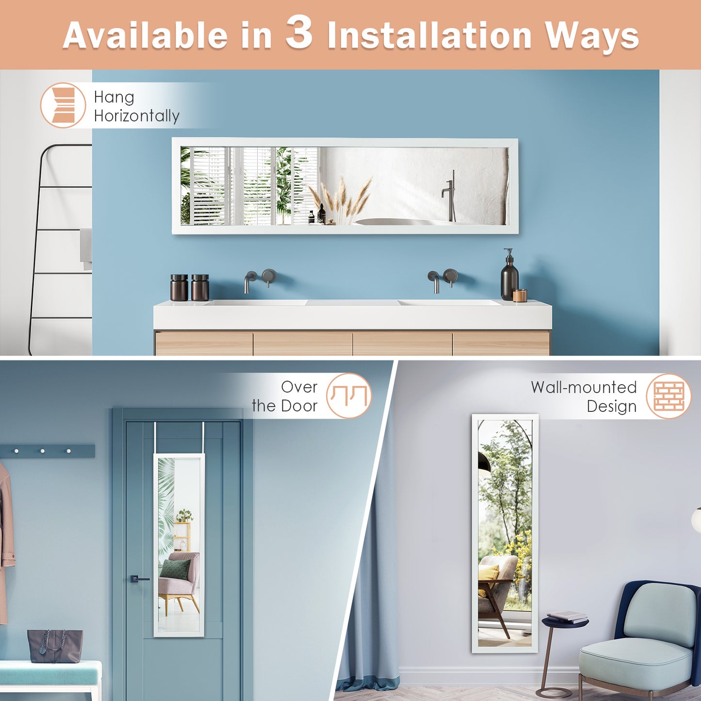 Full Length Over the Door Mirror with Hanging Hooks for Bedroom-White