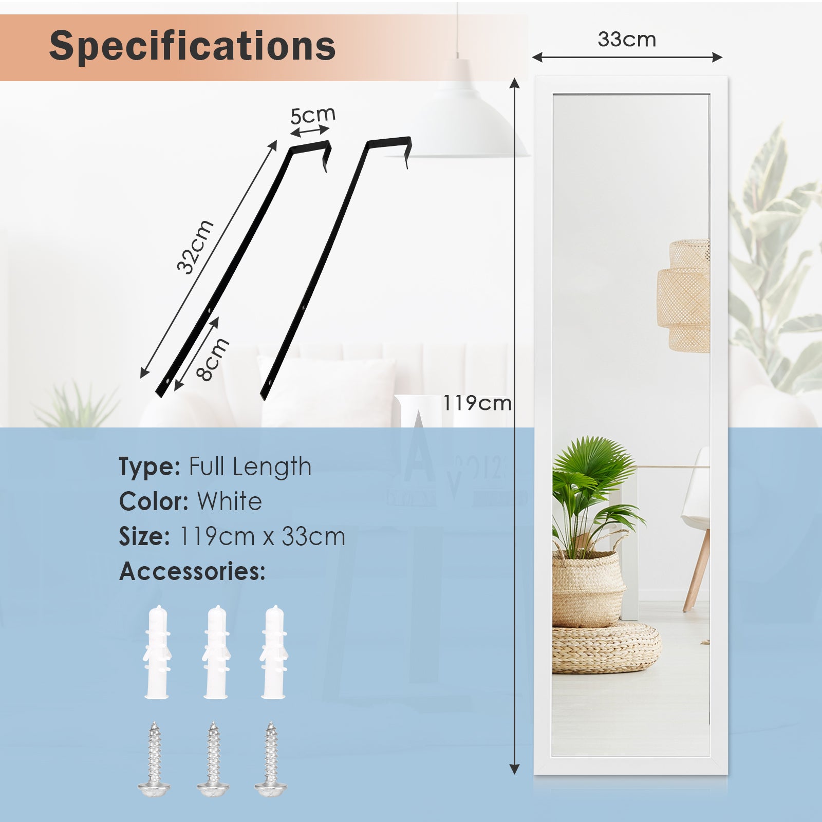 Full Length Over the Door Mirror with Hanging Hooks for Bedroom-White