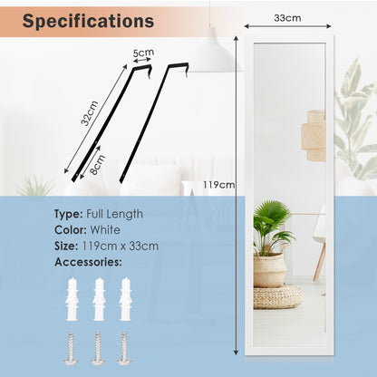 Full Length Over the Door Mirror with Hanging Hooks for Bedroom-White