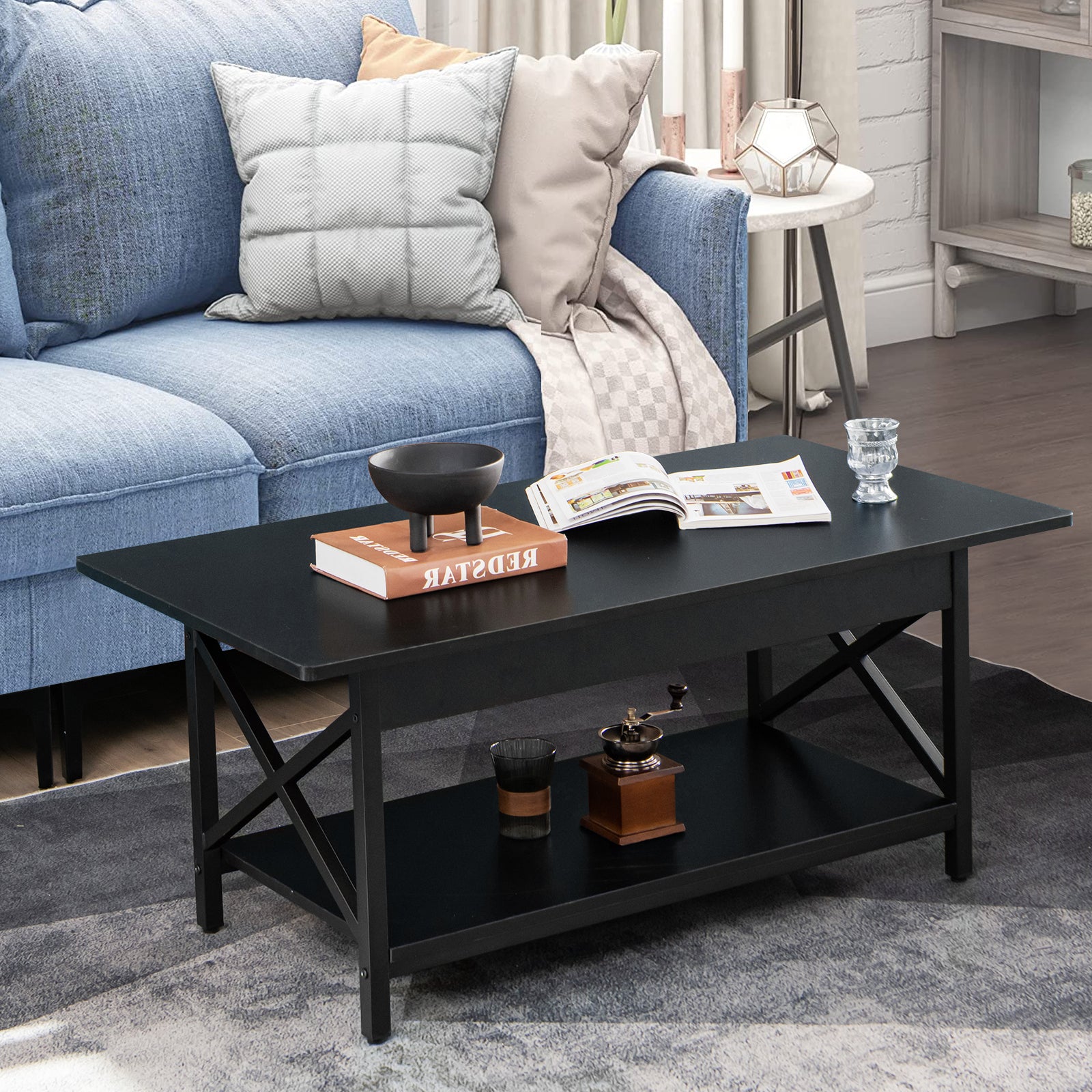 2-Tier Industrial Coffee Table for Living Room Bedroom Office-Black