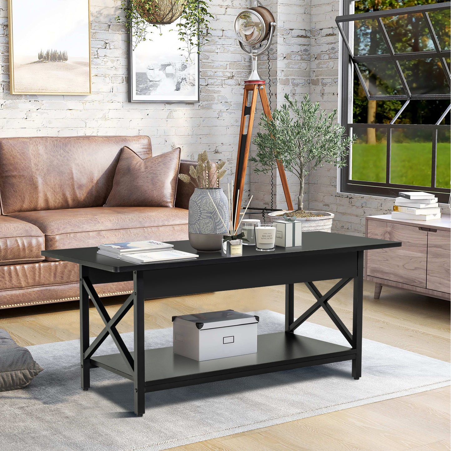 2-Tier Industrial Coffee Table for Living Room Bedroom Office-Black