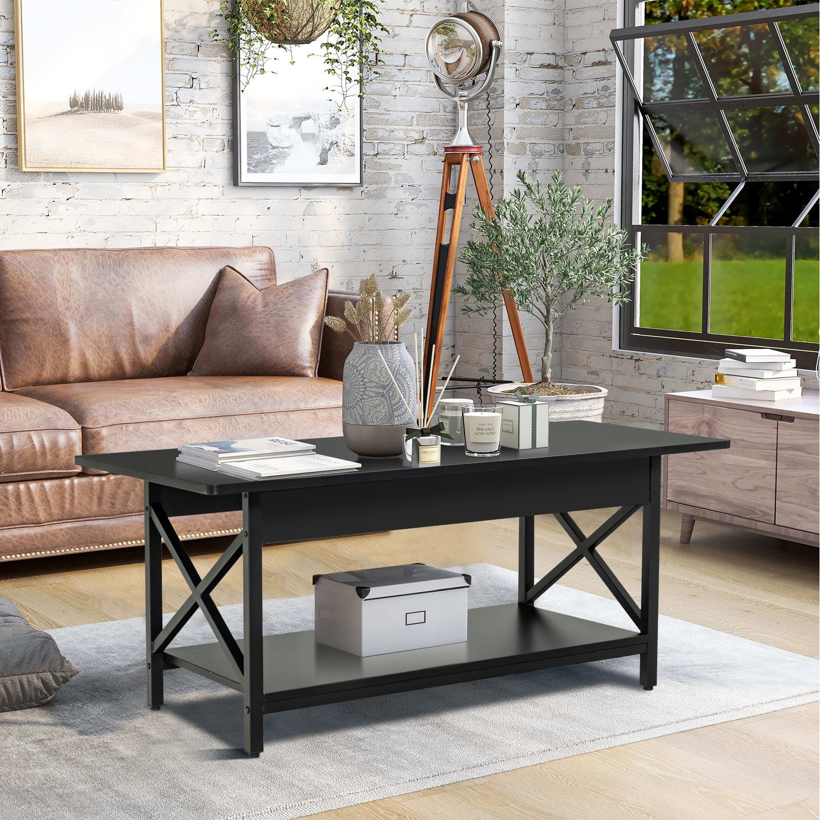 2-Tier Industrial Coffee Table for Living Room Bedroom Office-Black