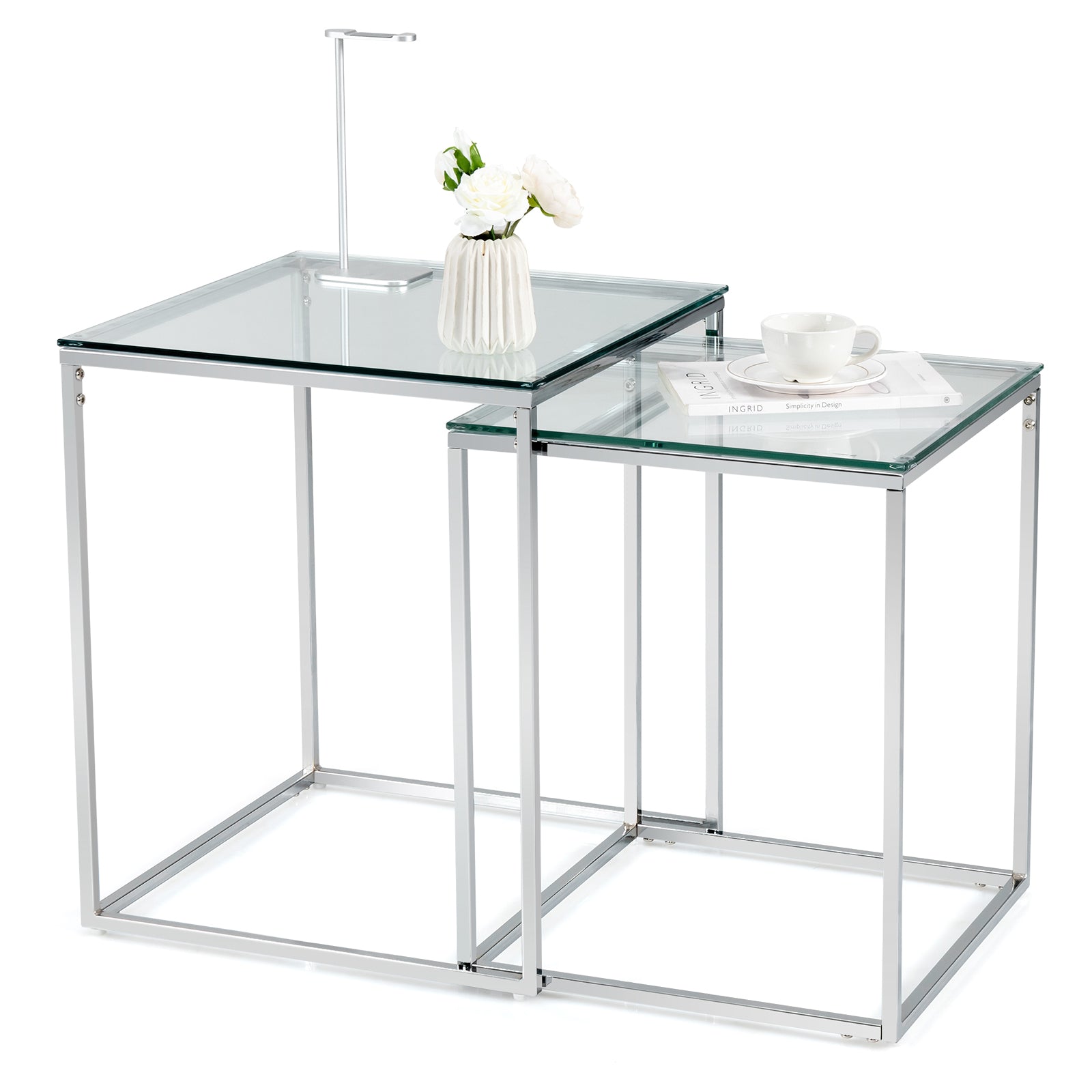 Nesting Coffee Tables Set of 2 for Living Room Bedroom Office -Silver