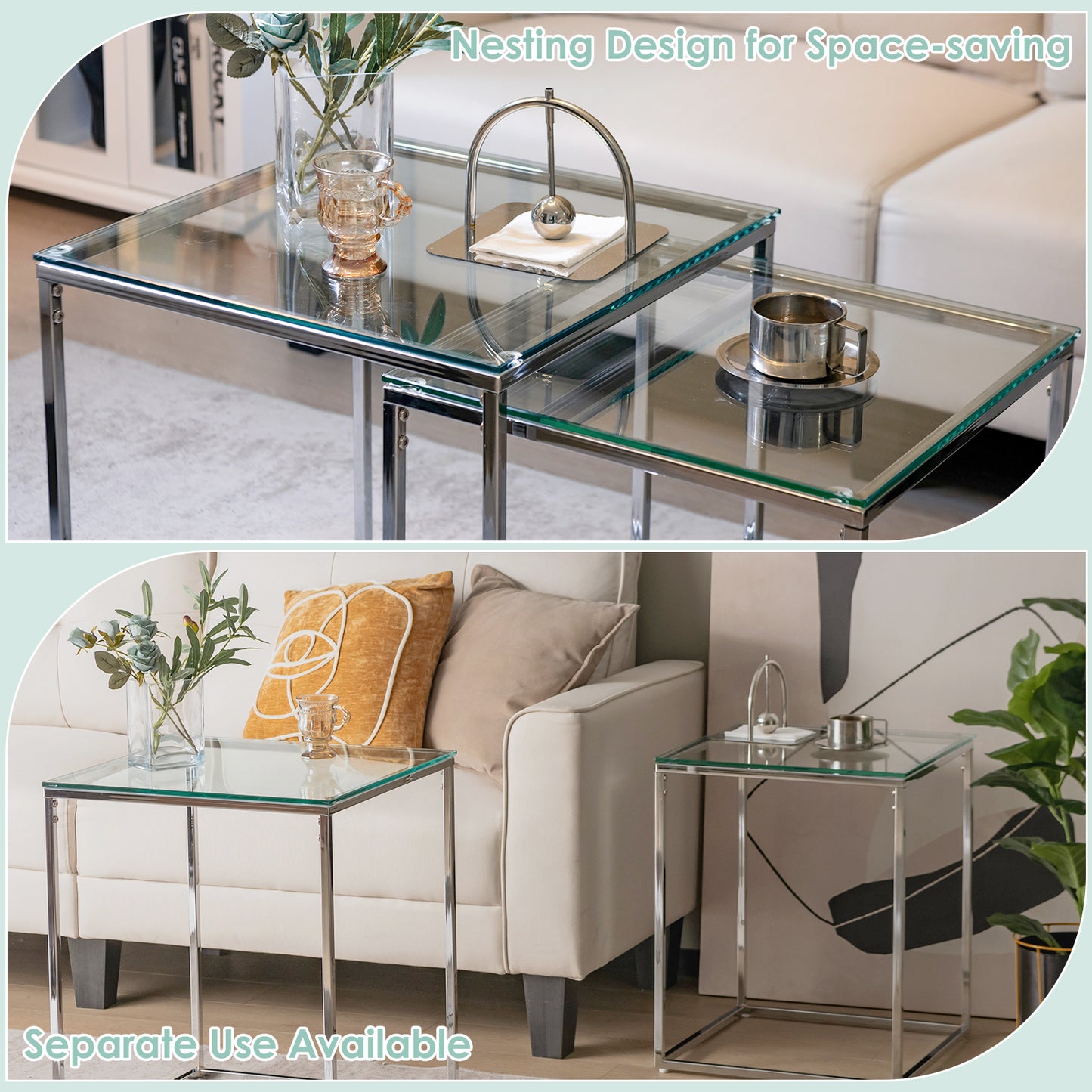 Nesting Coffee Tables Set of 2 for Living Room Bedroom Office -Silver