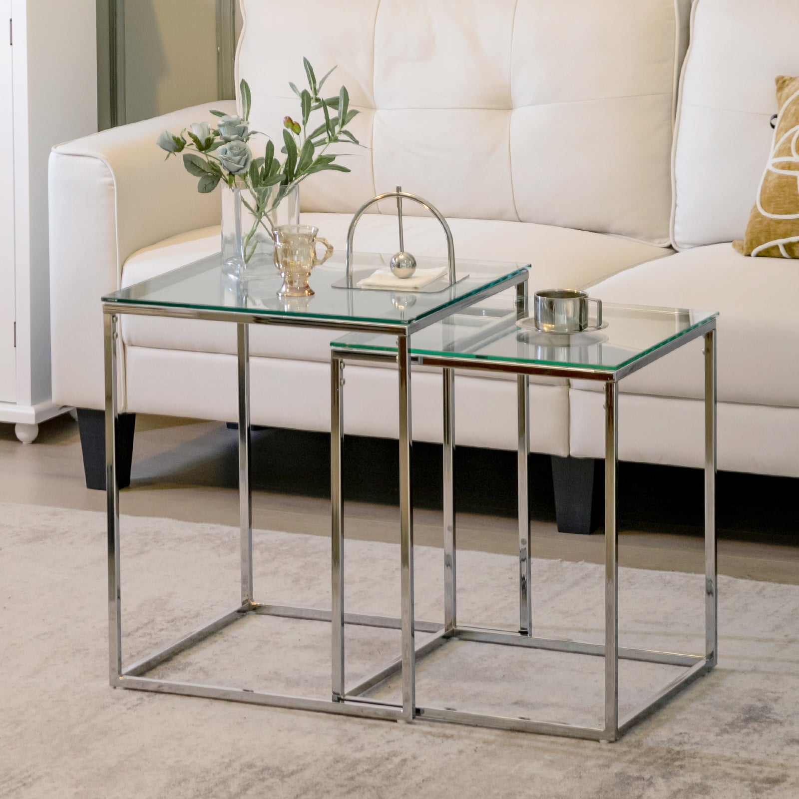 Nesting Coffee Tables Set of 2 for Living Room Bedroom Office -Silver