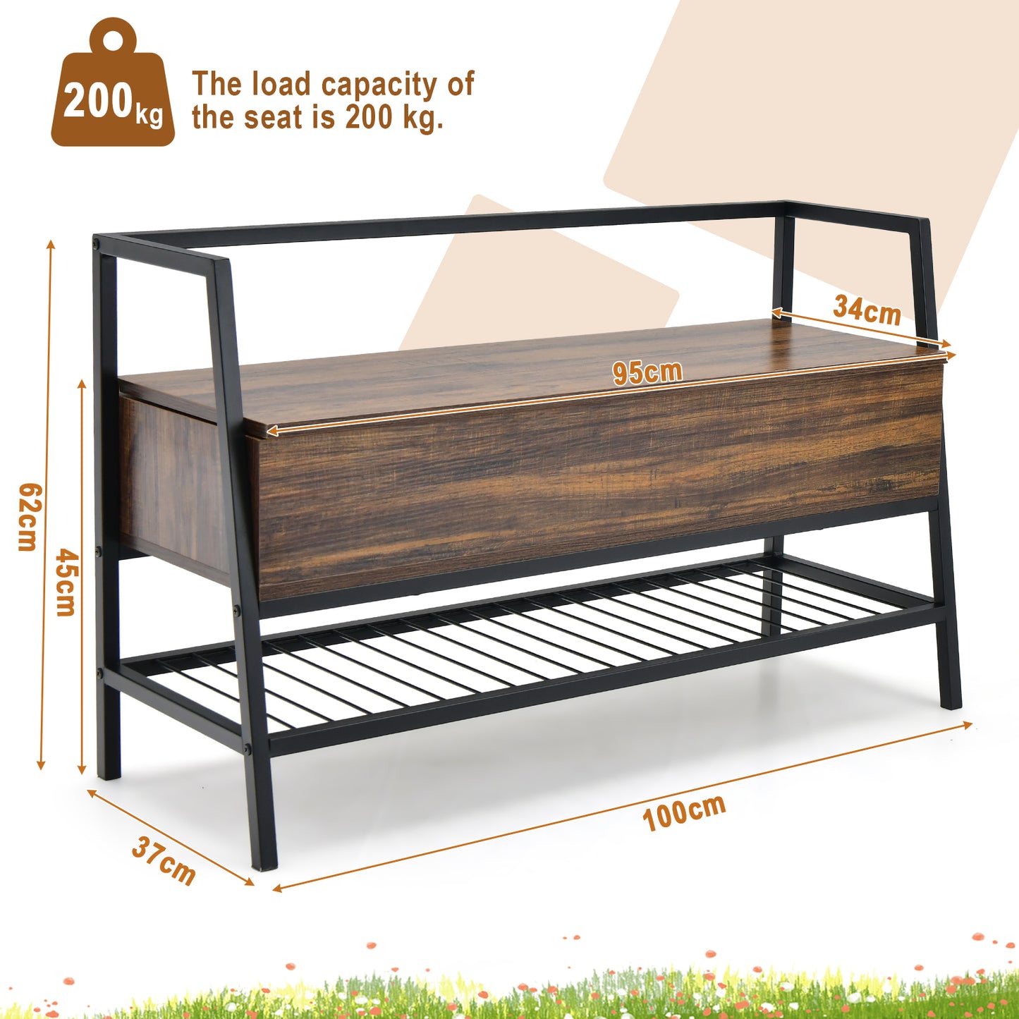 Industrial Shoe Bench with Hidden Compartment for Home Hallway -Rustic Brown