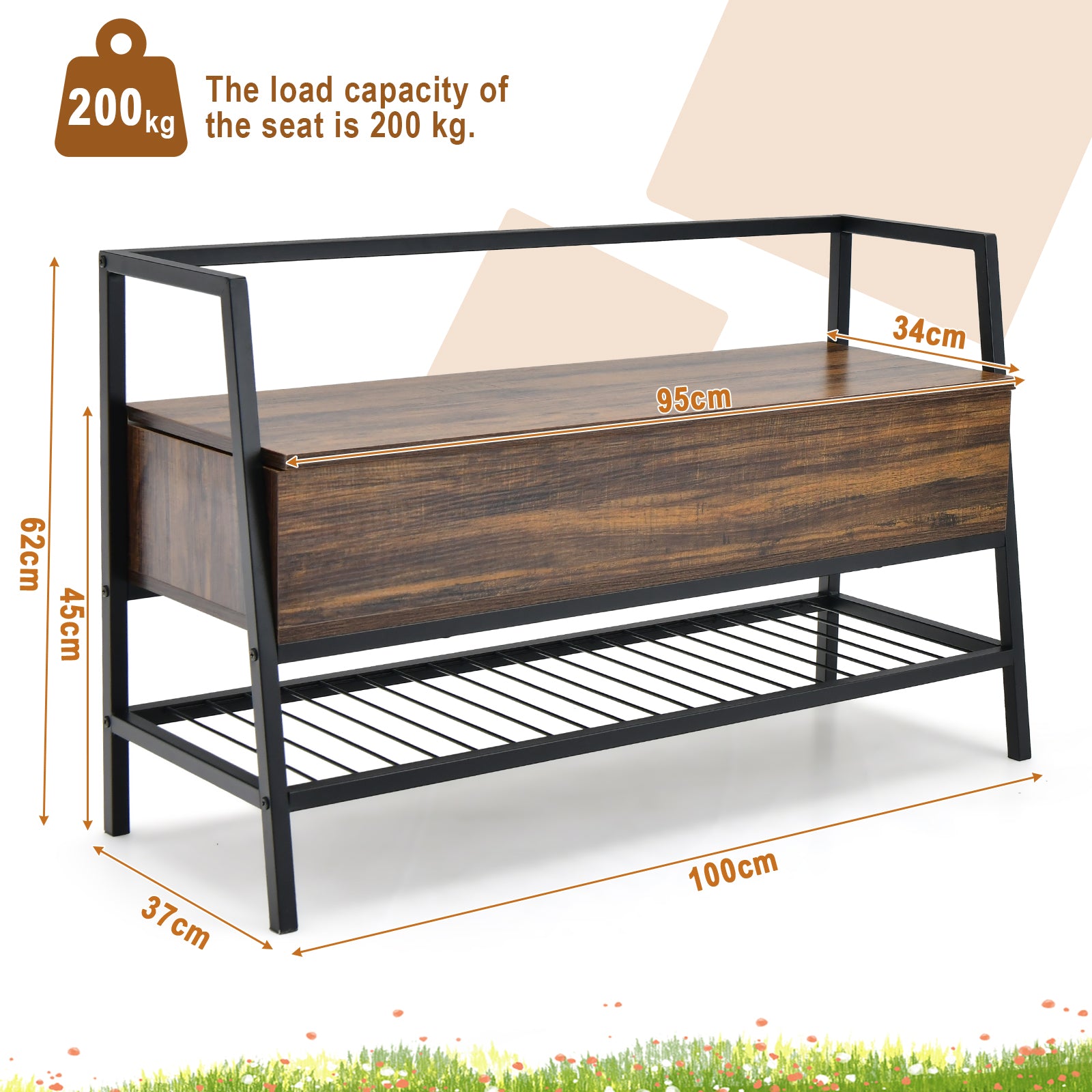 Industrial Shoe Bench with Hidden Compartment for Home Hallway -Rustic Brown