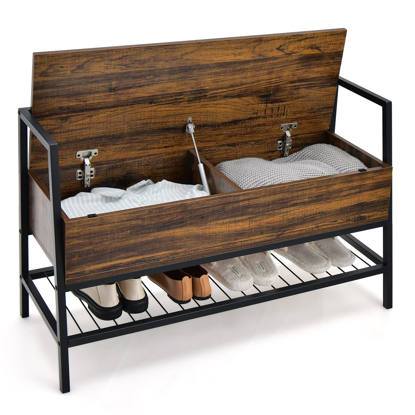 Industrial Shoe Bench with Hidden Compartment for Home Hallway -Rustic Brown