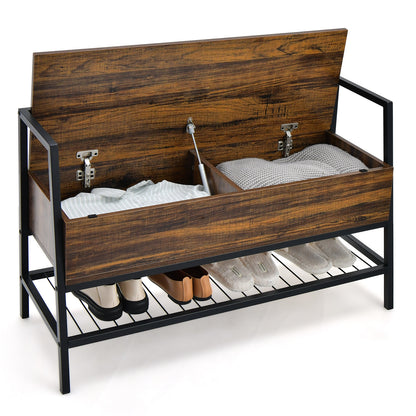 Industrial Shoe Bench with Hidden Compartment for Home Hallway -Rustic Brown