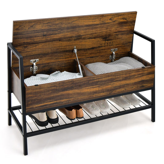 Industrial Shoe Bench with Hidden Compartment for Home Hallway -Rustic Brown