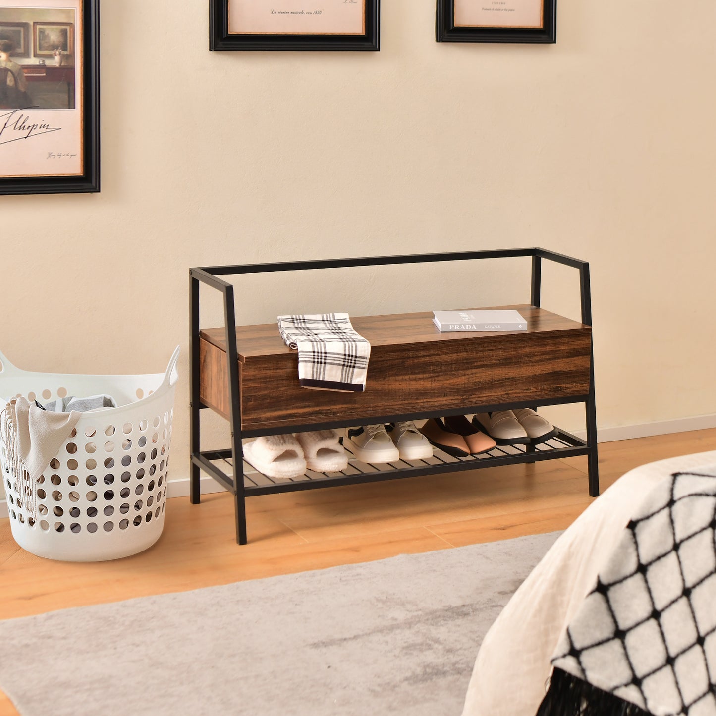 Industrial Shoe Bench with Hidden Compartment for Home Hallway -Rustic Brown