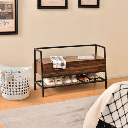 Industrial Shoe Bench with Hidden Compartment for Home Hallway -Rustic Brown