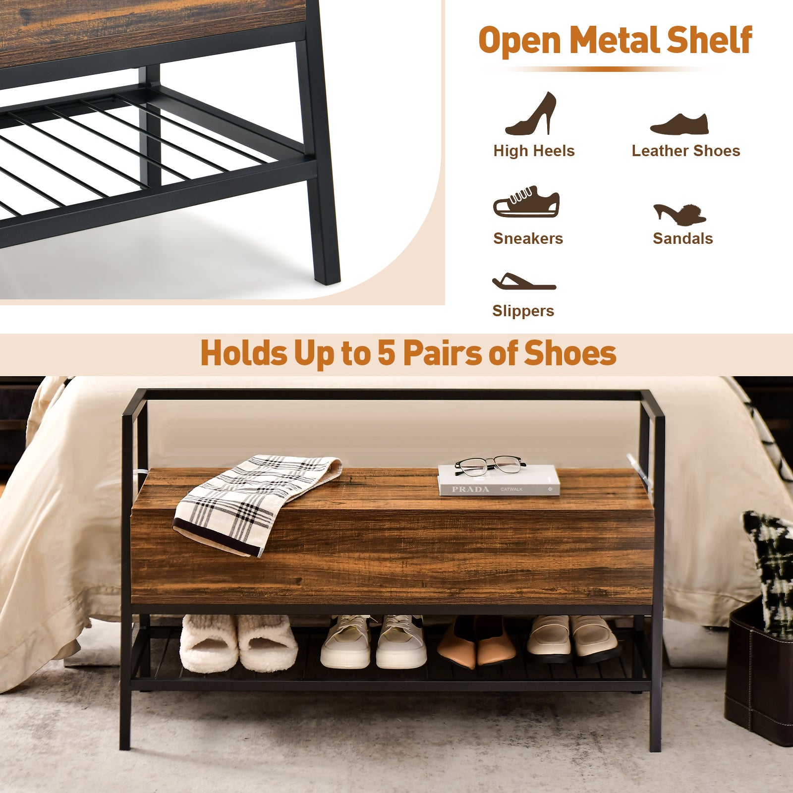 Industrial Shoe Bench with Hidden Compartment for Home Hallway -Rustic Brown
