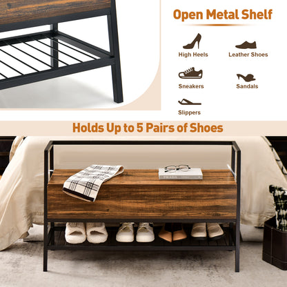 Industrial Shoe Bench with Hidden Compartment for Home Hallway -Rustic Brown