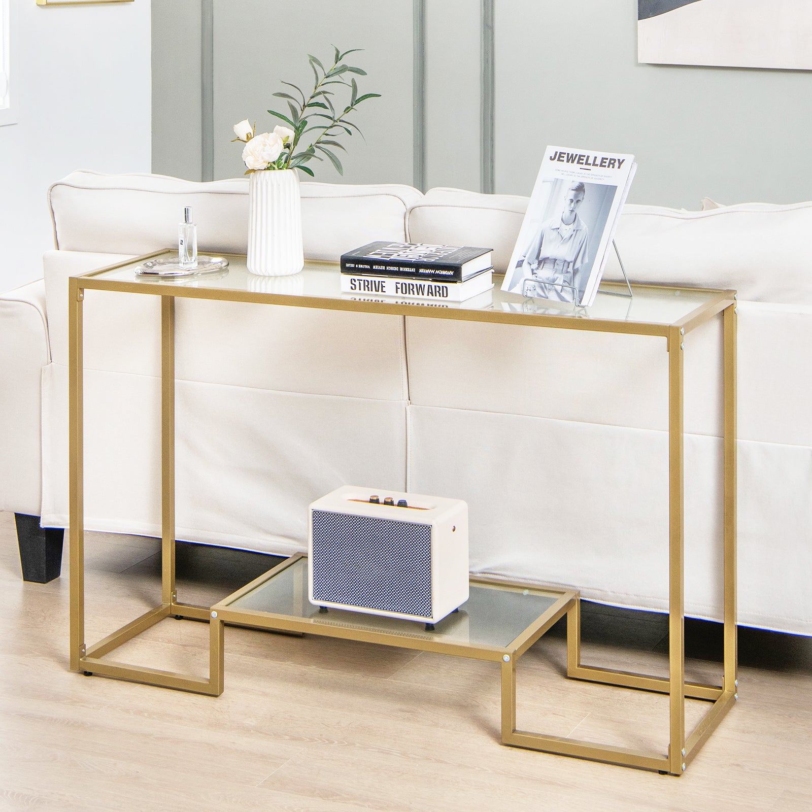 Entryway Hallway Table with Anti-Tipping Kit and Tempered Glass Shelves-Golden