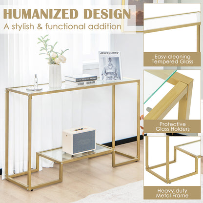 Entryway Hallway Table with Anti-Tipping Kit and Tempered Glass Shelves-Golden