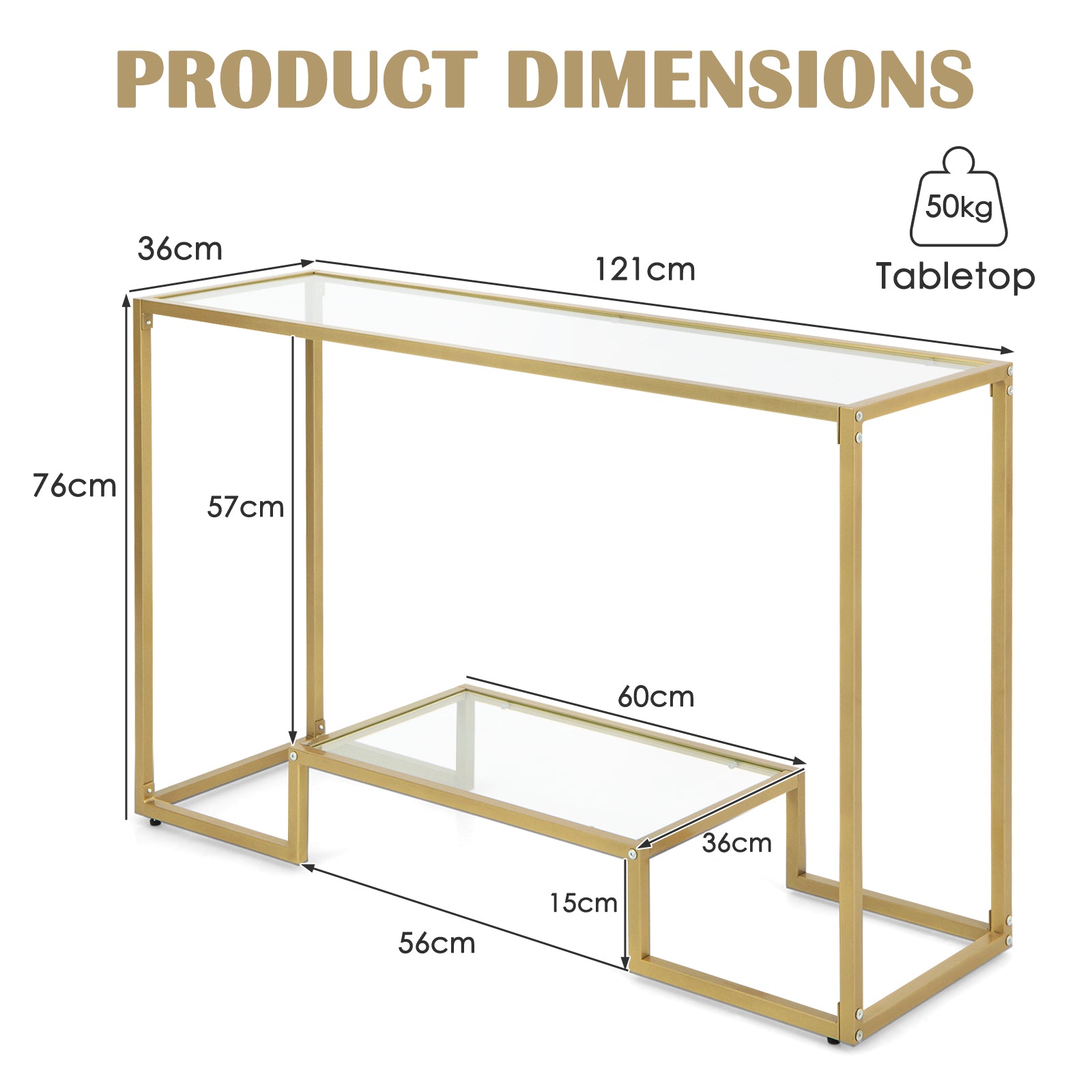 Entryway Hallway Table with Anti-Tipping Kit and Tempered Glass Shelves-Golden
