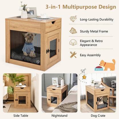 Wooden Dog Crate with Wireless Charger for Small Dogs -Natural