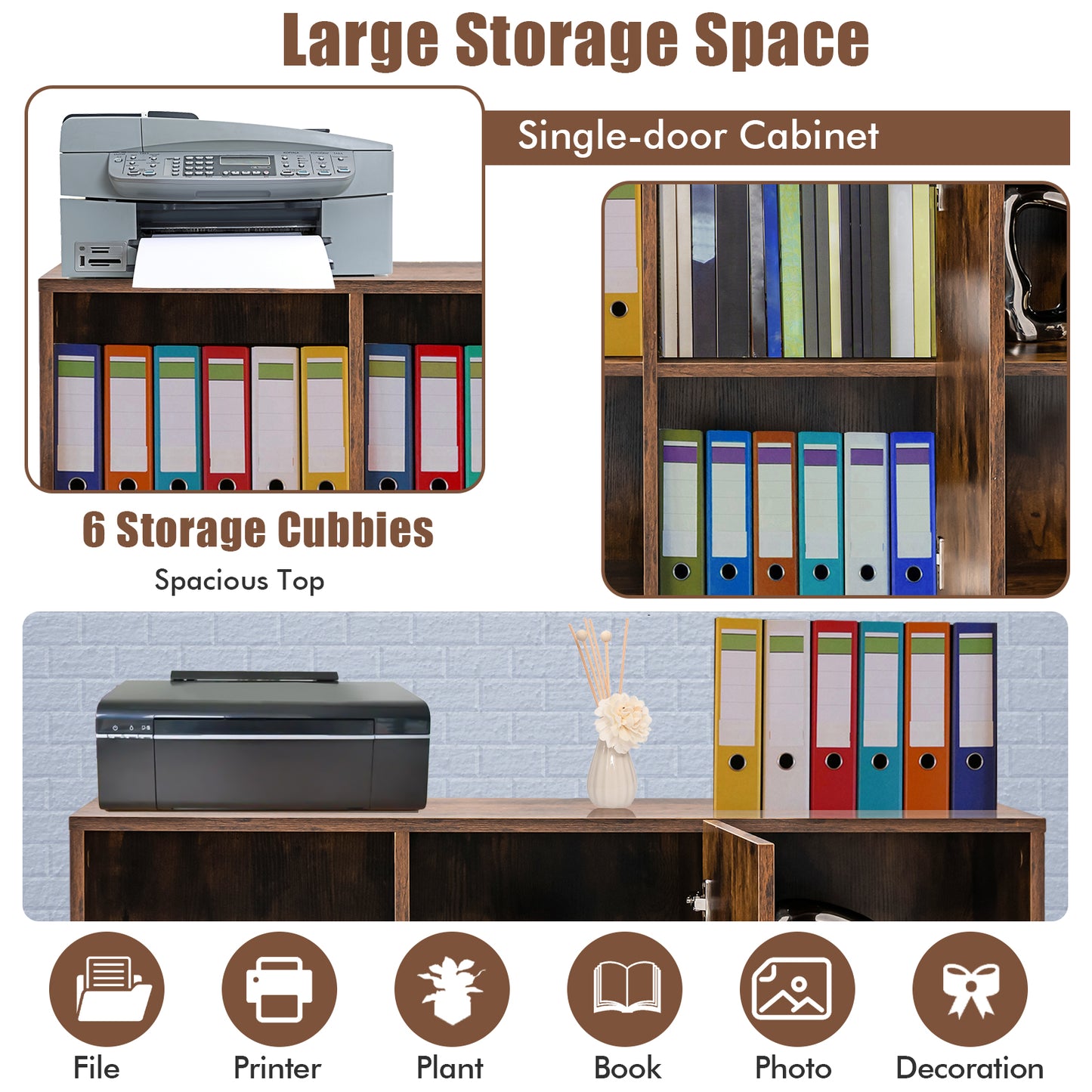 Wooden Rolling Storage Cabinet with 6 Compartments for Home Office -Rustic Brown