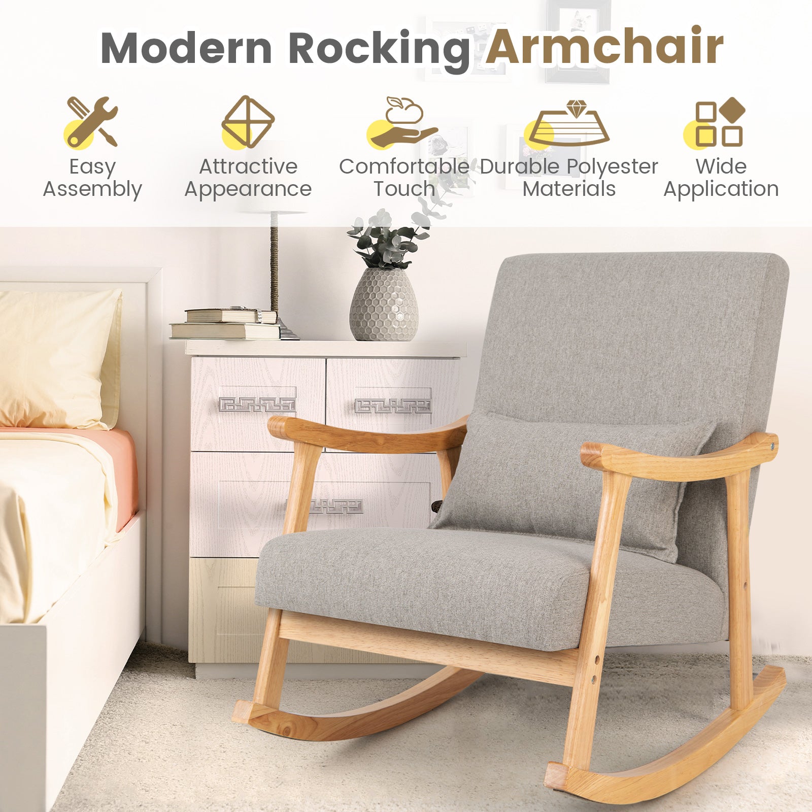 Upholstered Rocking Chair with Rubber Wood Frame-Grey