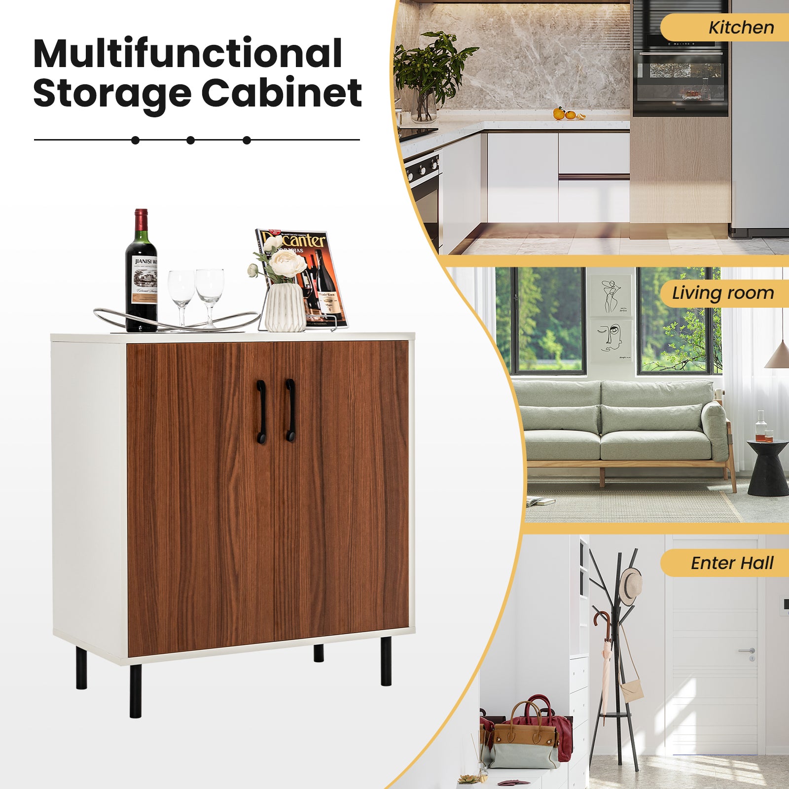 Wooden Storage Cabinet with Adjustable Shelf and Anti-toppling Devices-Walnut