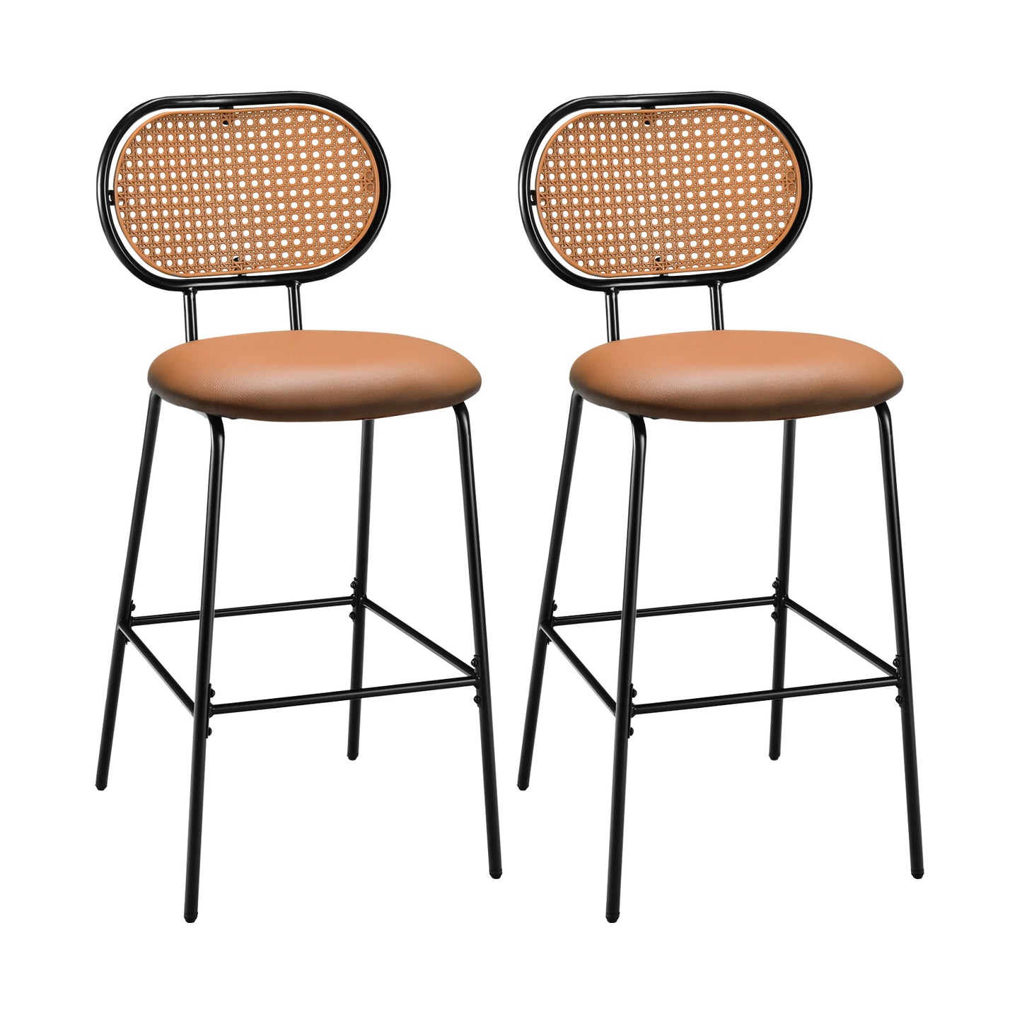 Set of 2 PU Leather Bar Stools with Rattan Backrest and Footrest-Brown