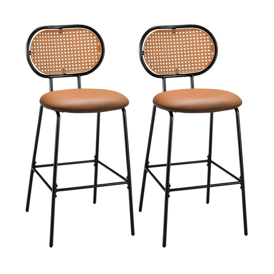 Set of 2 PU Leather Bar Stools with Rattan Backrest and Footrest-Brown
