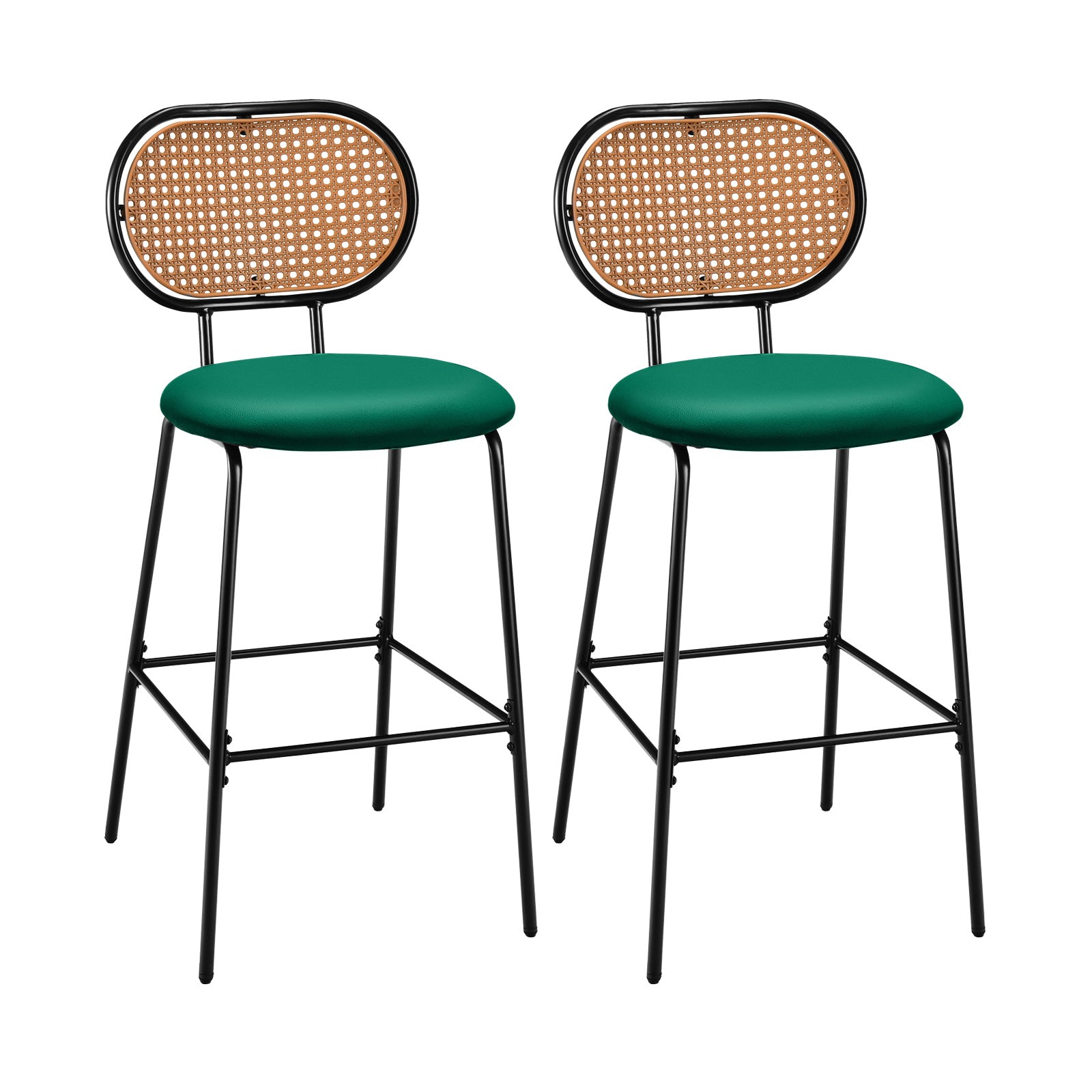 Set of 2 PU Leather Bar Stools with Rattan Backrest and Footrest-Green ...