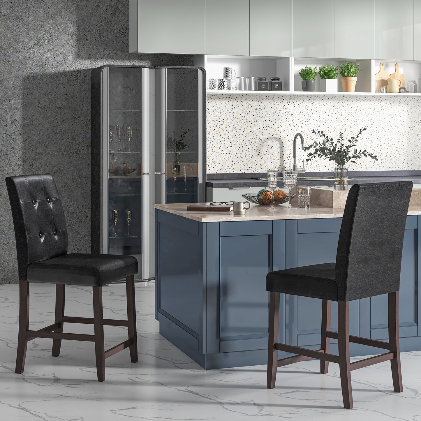 Set of 2 Padded Bar Stools with Rubber Wood Legs