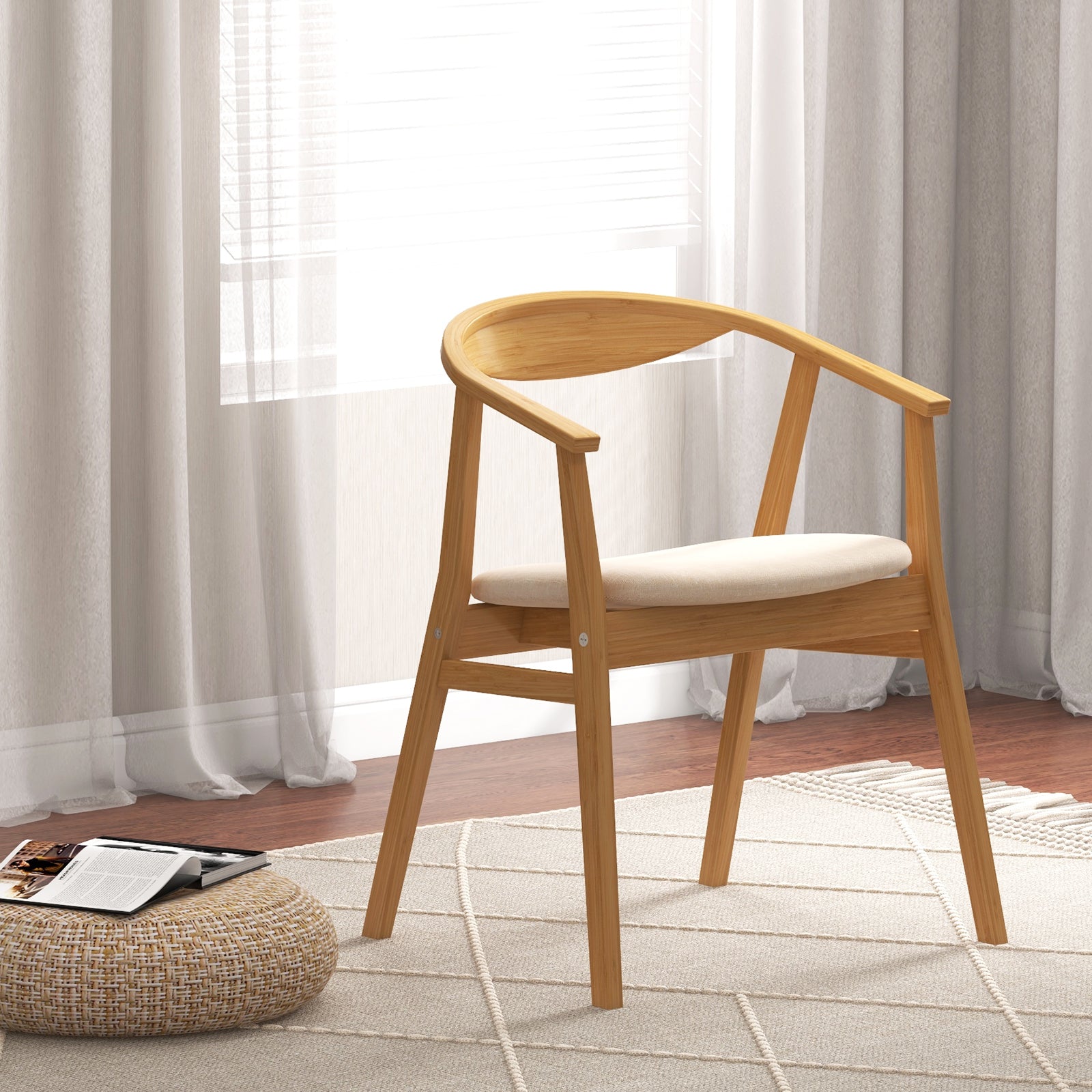 Bamboo Accent Chair with Curved Backrest and Soft Padded Seat Cushion-Natural