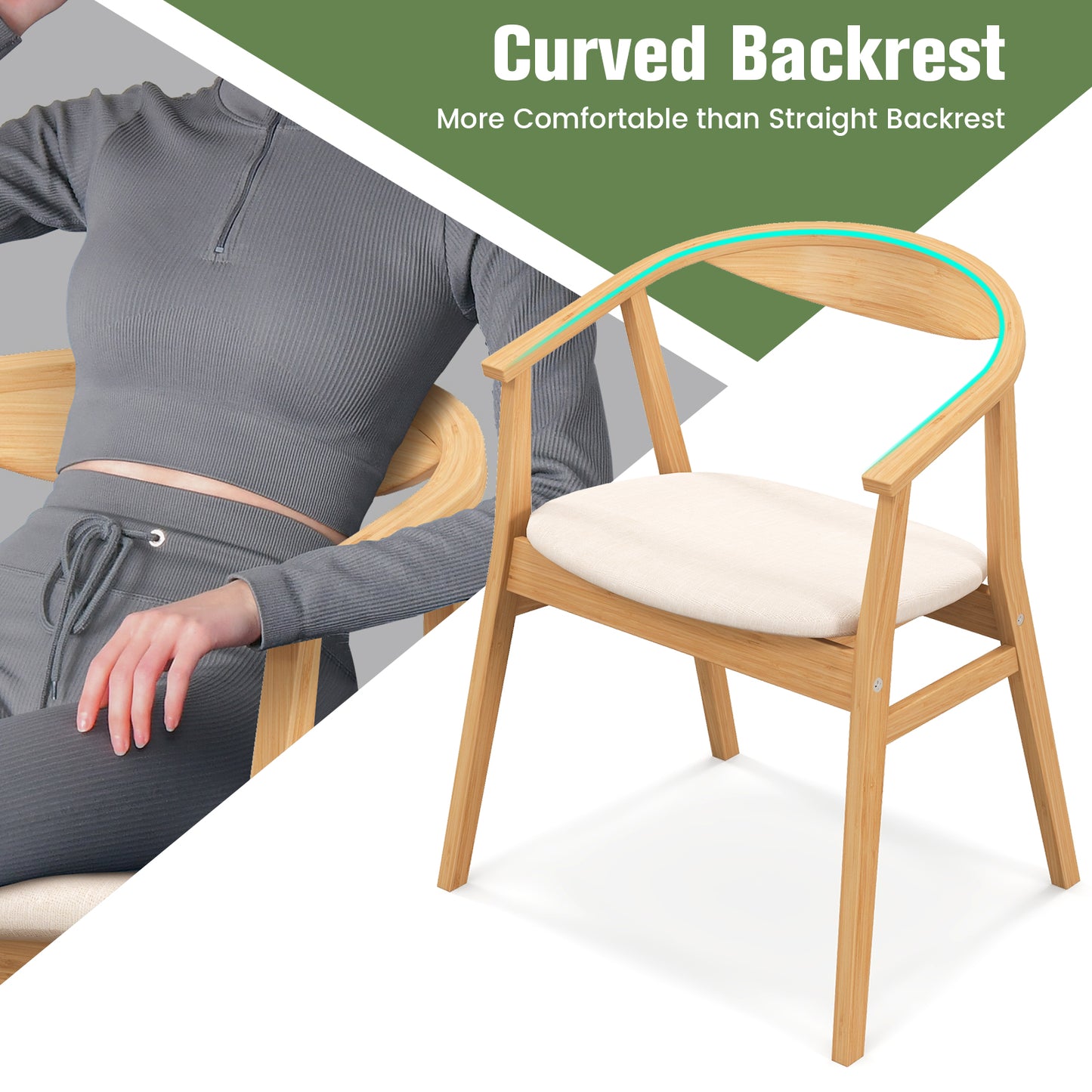 Bamboo Accent Chair with Curved Backrest and Soft Padded Seat Cushion-Natural