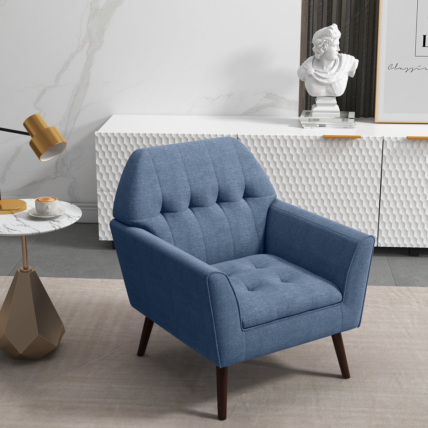Modern Tufted Upholstered Accent Chair with Rubber Wood Legs-Blue