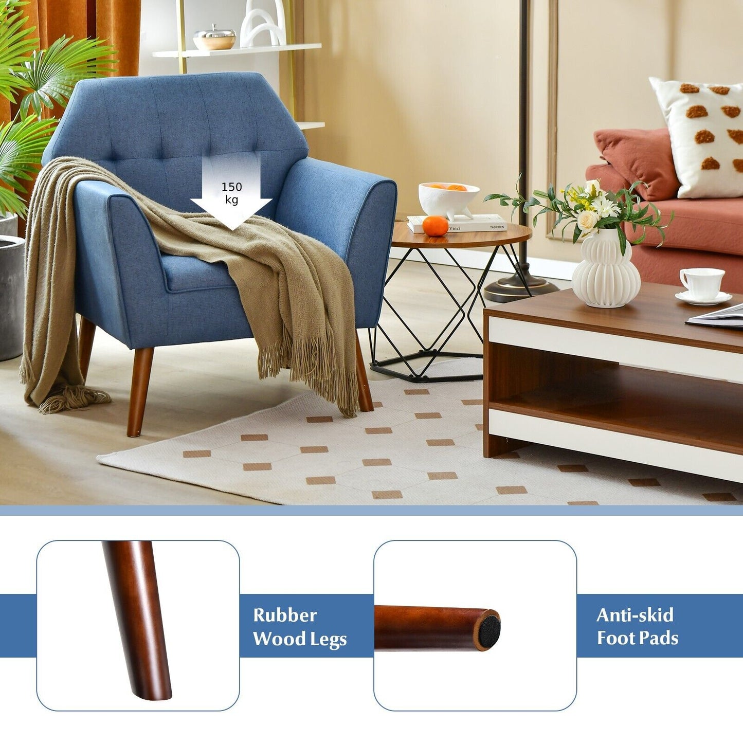 Modern Tufted Upholstered Accent Chair with Rubber Wood Legs-Blue