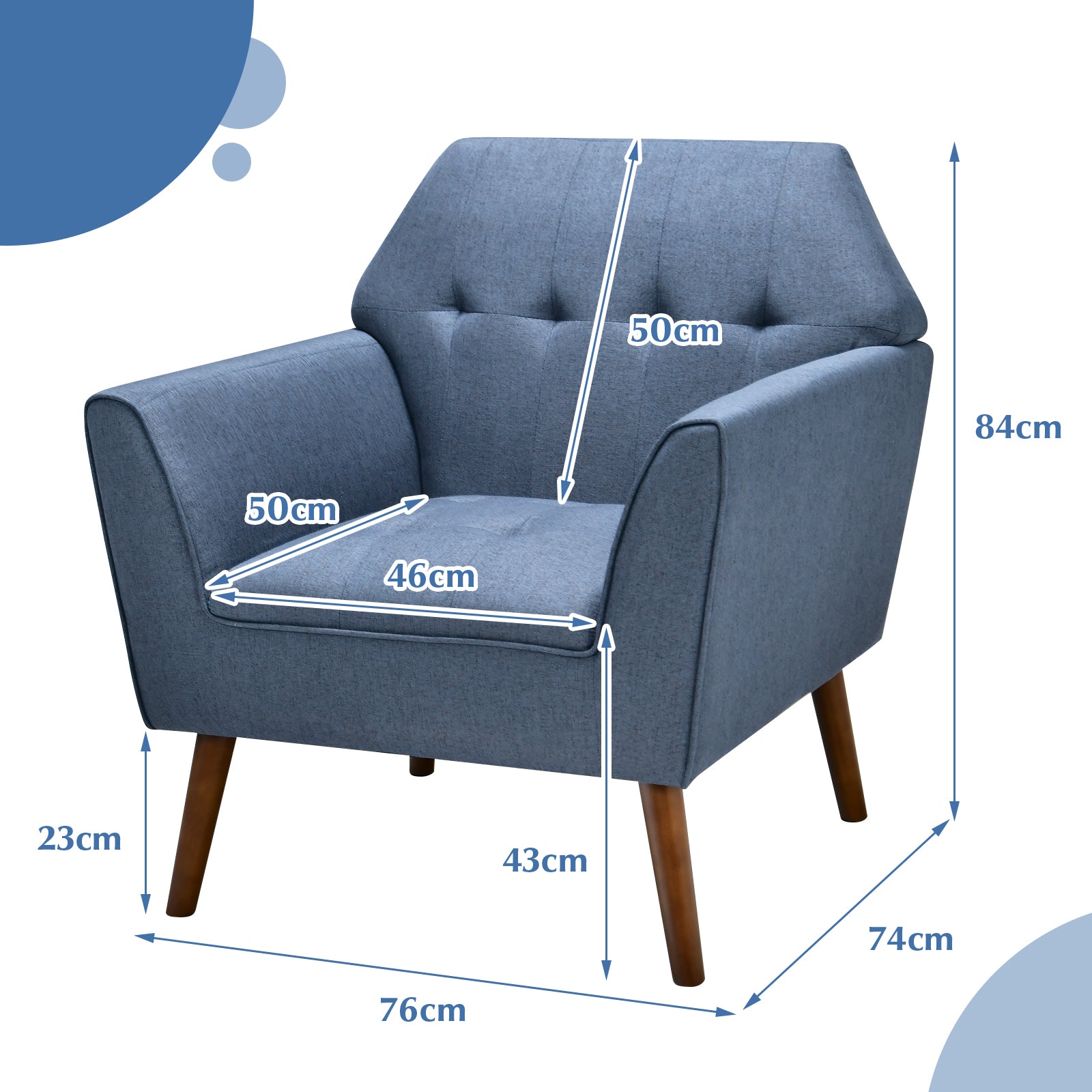 Modern Tufted Upholstered Accent Chair with Rubber Wood Legs-Blue