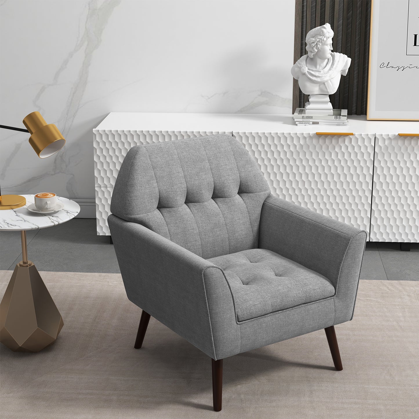 Modern Tufted Upholstered Accent Chair with Rubber Wood Legs-Grey