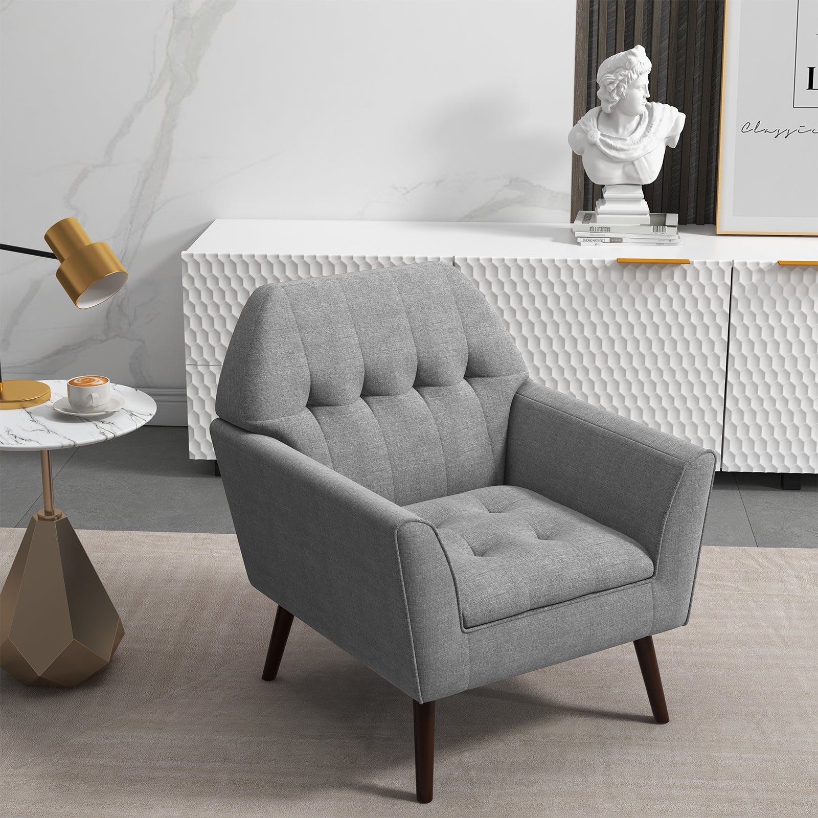 Modern Tufted Upholstered Accent Chair with Rubber Wood Legs-Grey