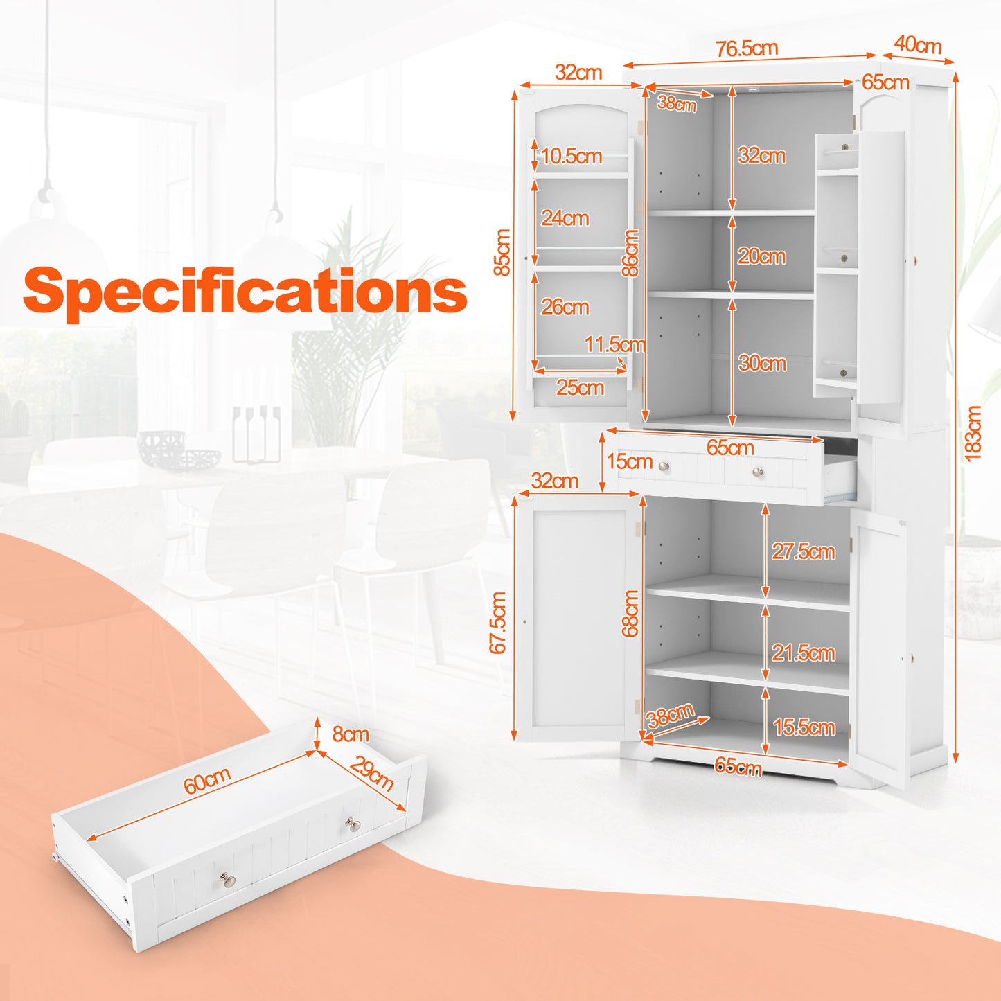 183 cm Freestanding Kitchen Pantry Cabinet-White