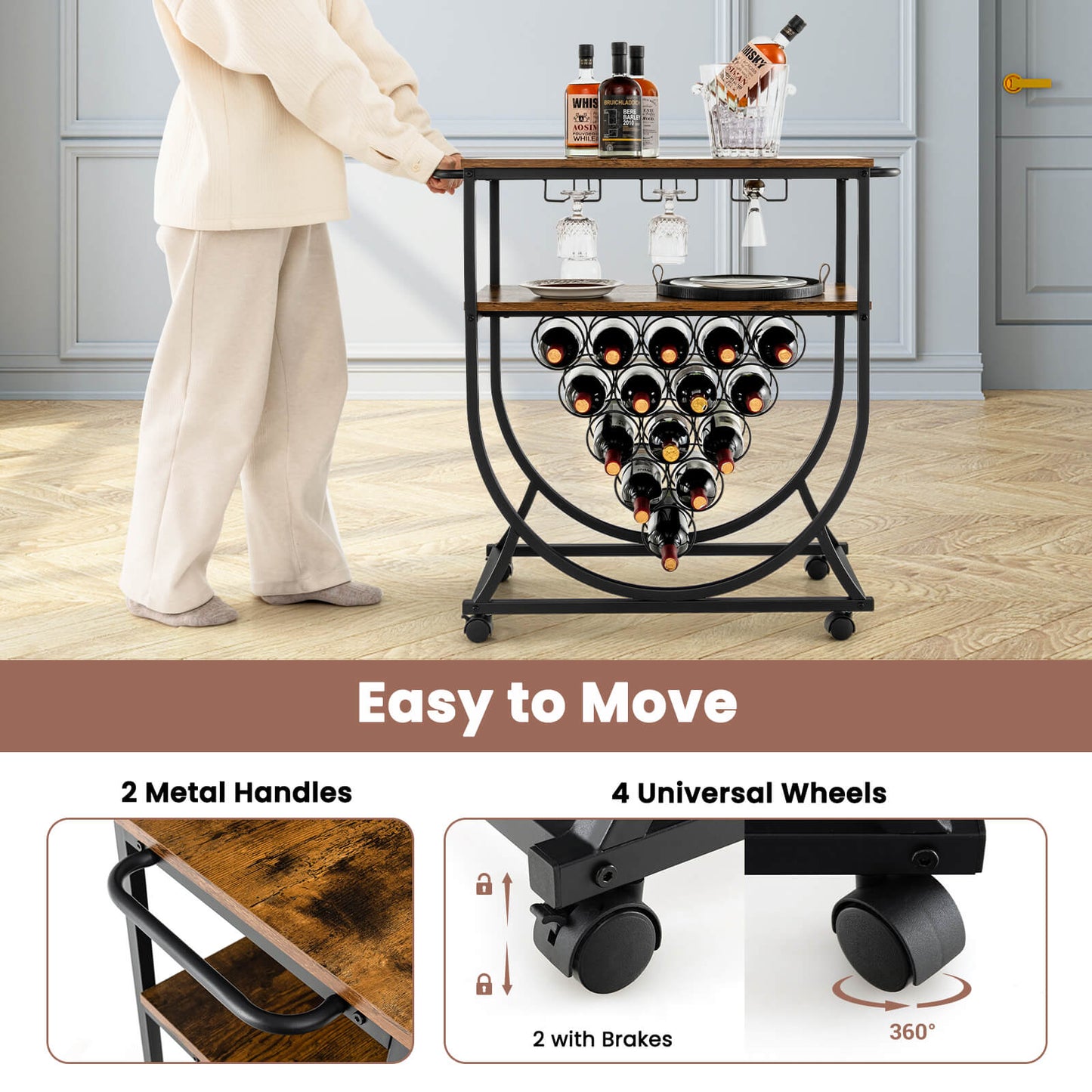 Industrial Rolling Bar Cart with Wine Rack Glass Holders and Utility Wood Tabletop-Rustic Brown