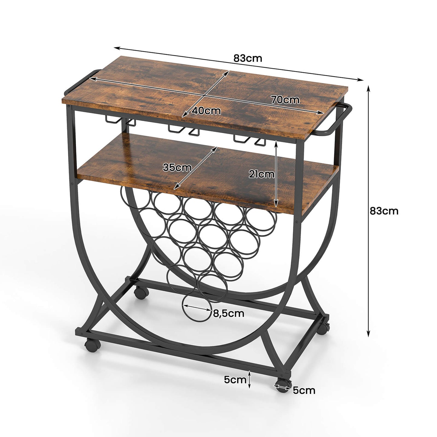 Industrial Rolling Bar Cart with Wine Rack Glass Holders and Utility Wood Tabletop-Rustic Brown